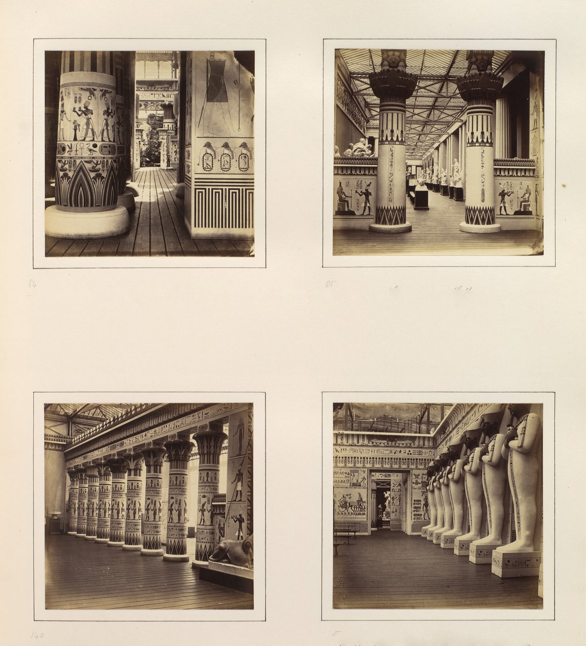 [Utsikt over den egyptiske domstolen, Utsikt gjennom egyptiske søyler inn i klassisk skulptur..., ca. 1859. av Philip Henry Delamotte.