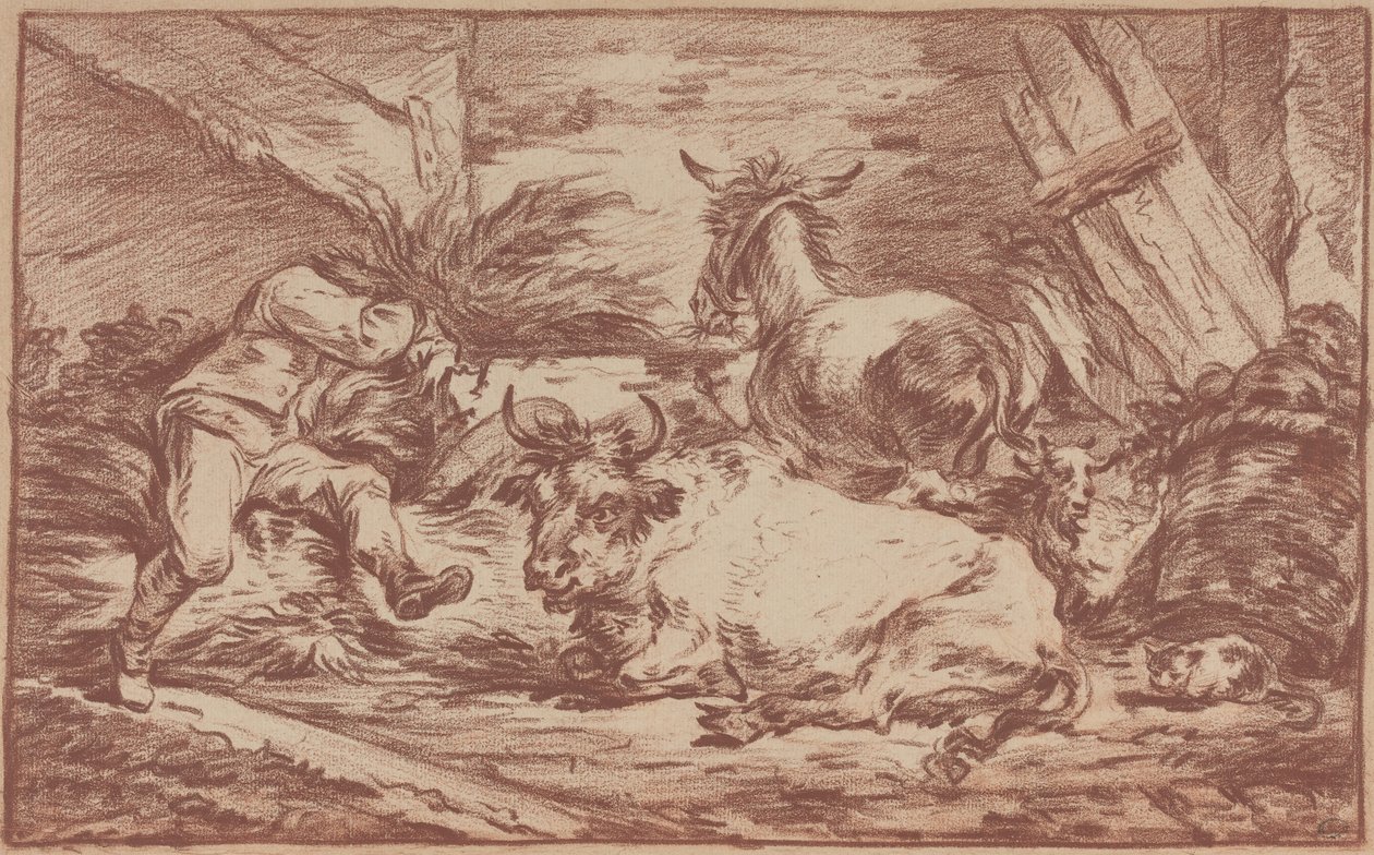 Dyr i en stall (rød kritt på papir) av Philip James de (1740-1812) Loutherbourg