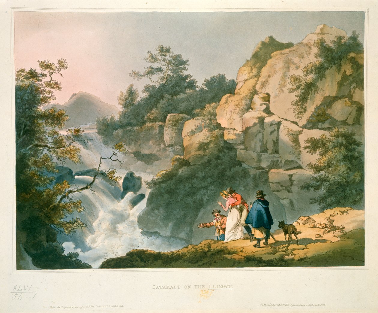 Turister ser på en foss, Katarakt på Llugwy av Philip James de Loutherbourg