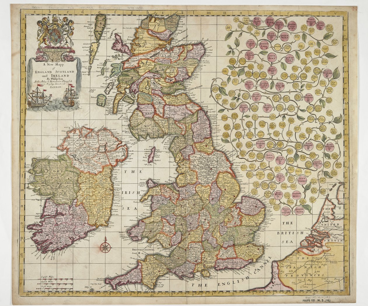 Et nytt kart over England, Skottland og Irland, ca. 1690 (farget gravering) av Philip Lea