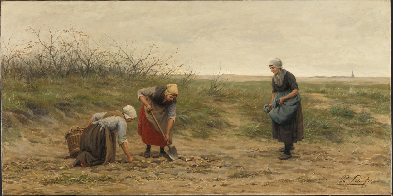 Kvinner fra Scheveningen høster poteter på et jorde av Philip Lodewijk Jacob Frederick Sadee