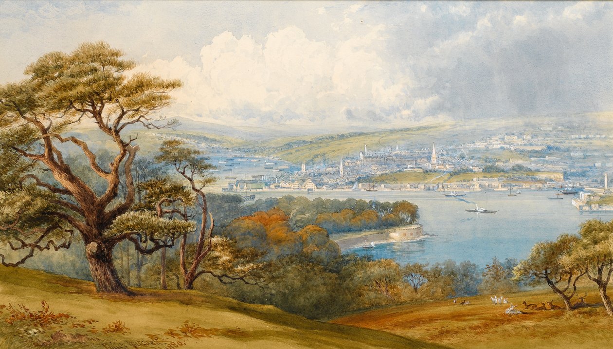 Devonport og Stonebridge fra Mount Edgecombe Park, 1880 (wc på papir) av Philip Mitchell