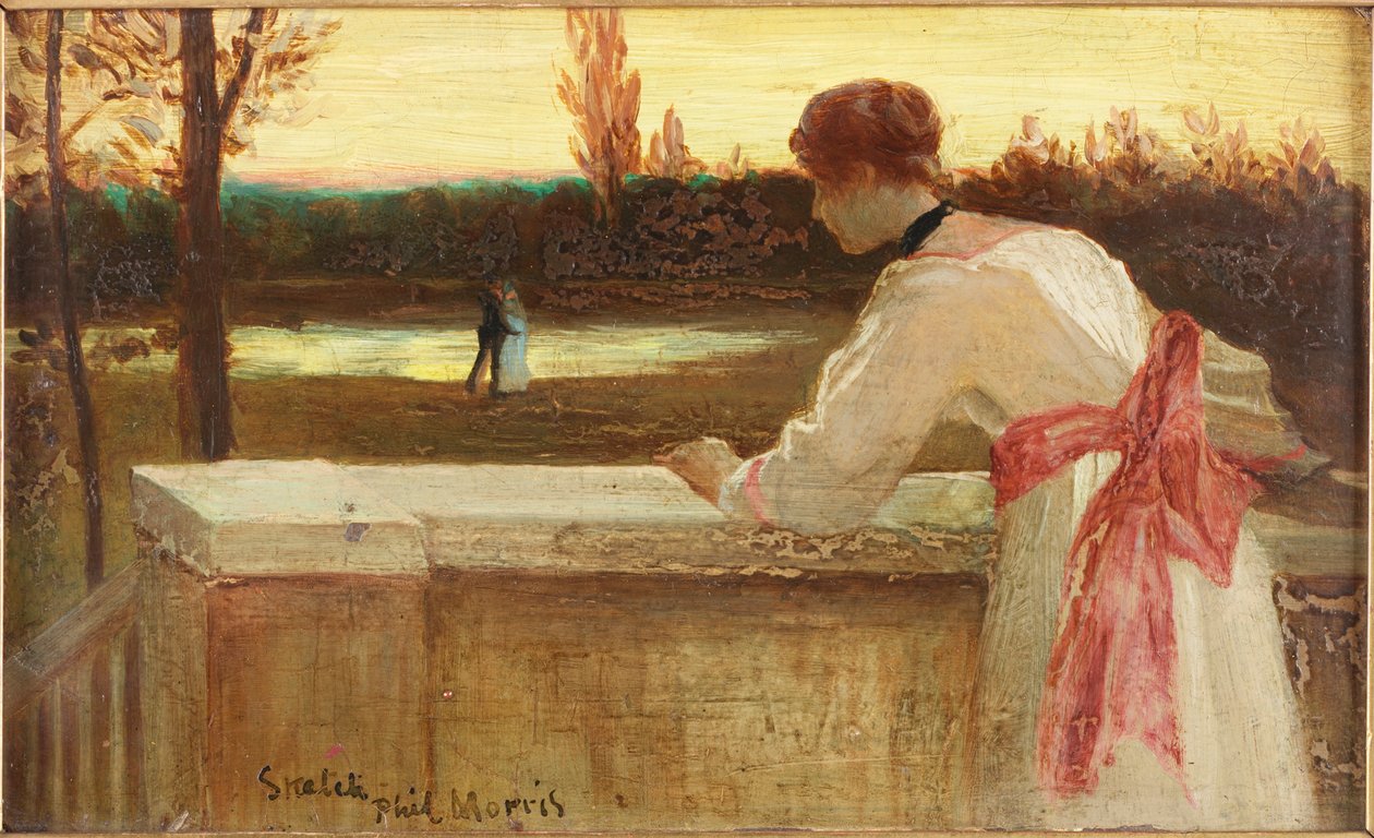 Jente på en balkong ser på et par ved en innsjø av Philip Richard Morris