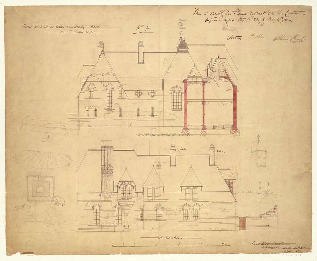 Forhøyninger for The Red House, Bexleyheath (penn og blekk og wc på papir) av Philip Webb