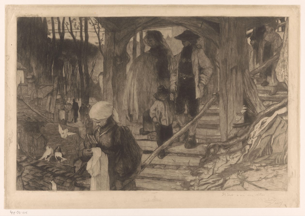 Bønder går ned en trapp Baptême à Fribourg (original tittel) av Philip Zilcken (signed by artist)