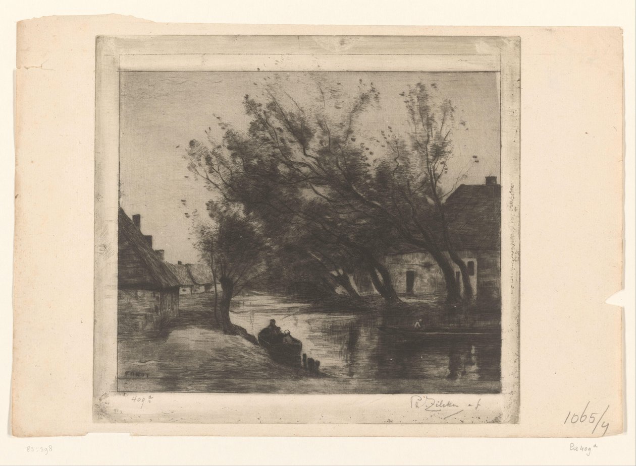 Landsbyutsikt med grøft og båter Paysage (original tittel) av Philip Zilcken (signed by artist)