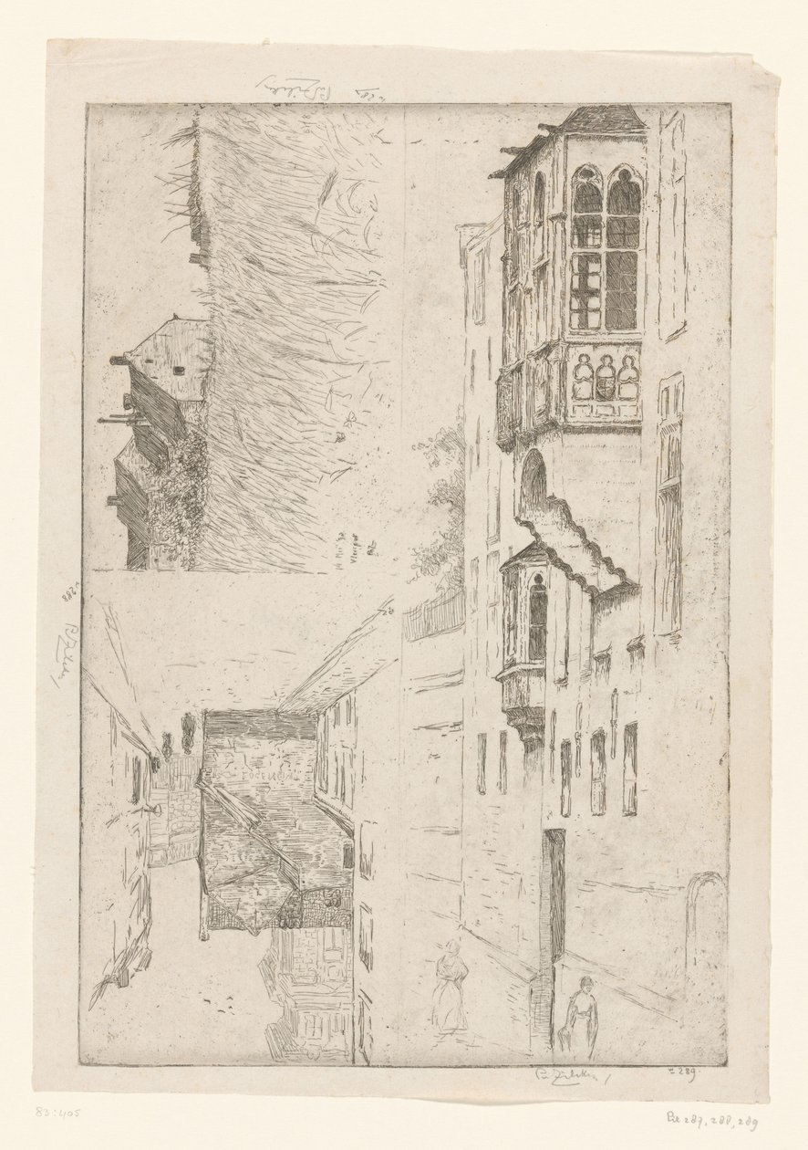 Wheatfield med hus og to utsikter over hus i en by Et Blight hull; Champ de Blé / Rue Haute / Etude de la bretêche de l