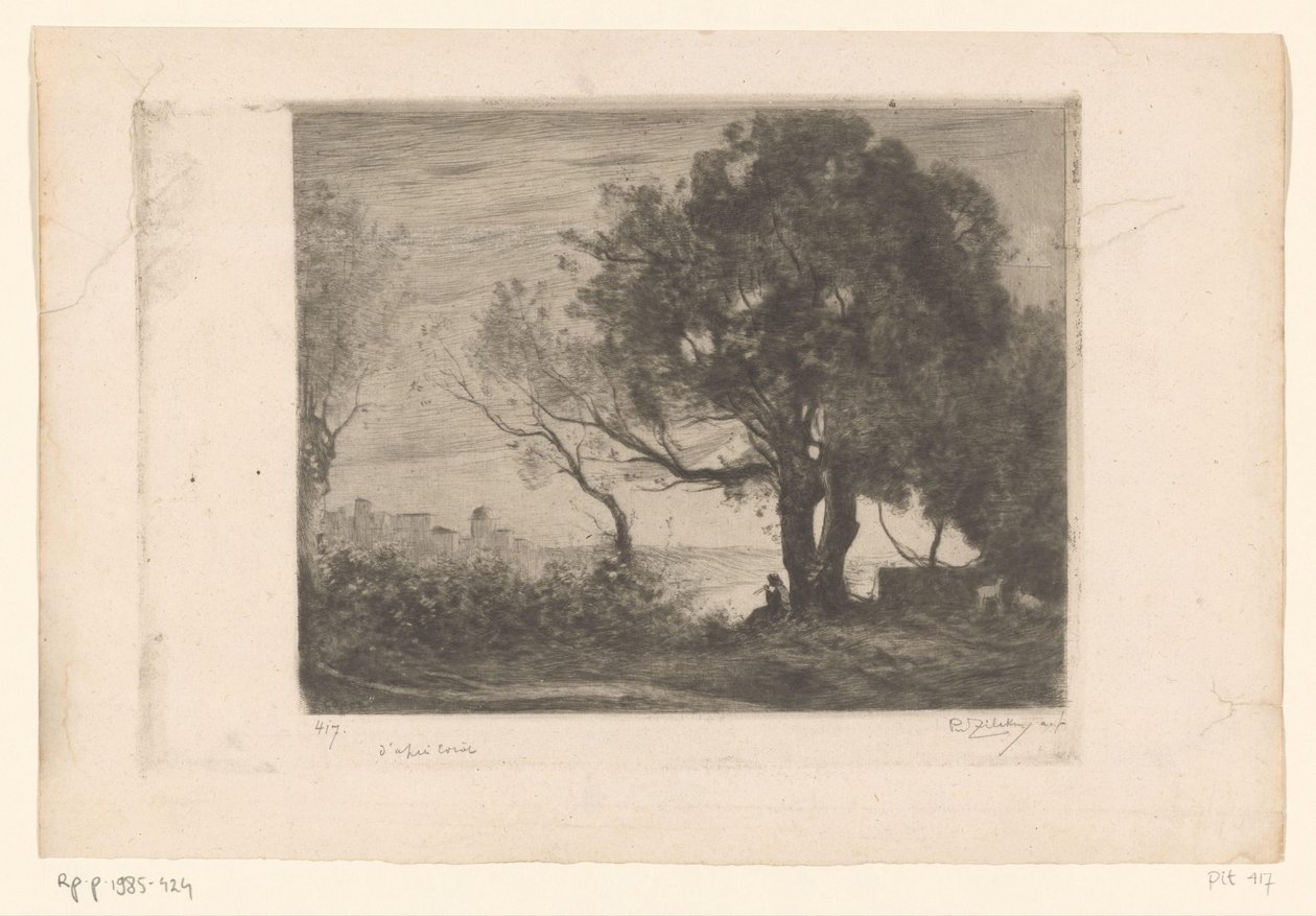 Landskap med en fløytespiller under et tre og en silhuett av en by Soir (original tittel) av Philip Zilcken (signed by artist)