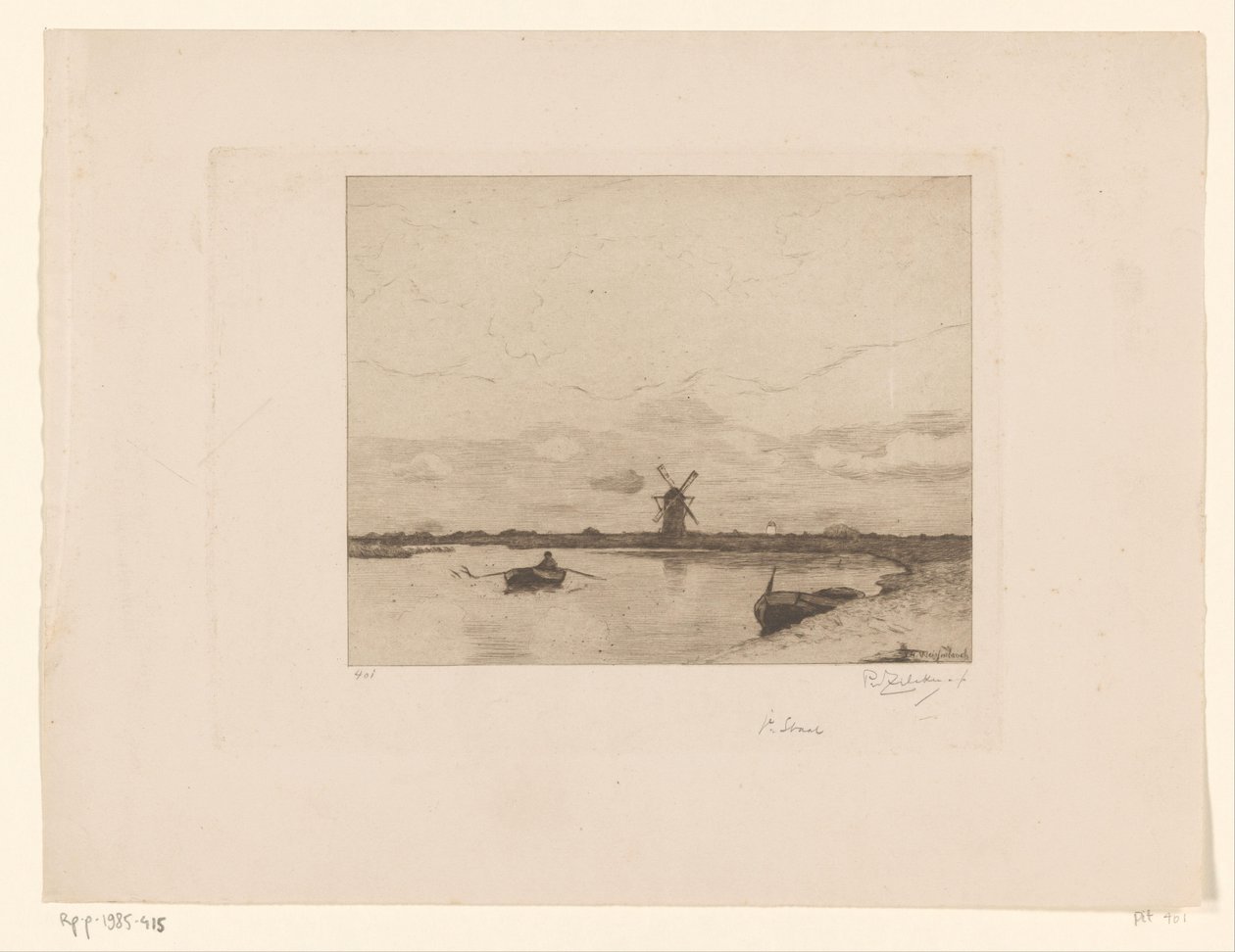Seil med robåt i et englandskap med mølle Paysage (original tittel) av Philip Zilcken (signed by artist)