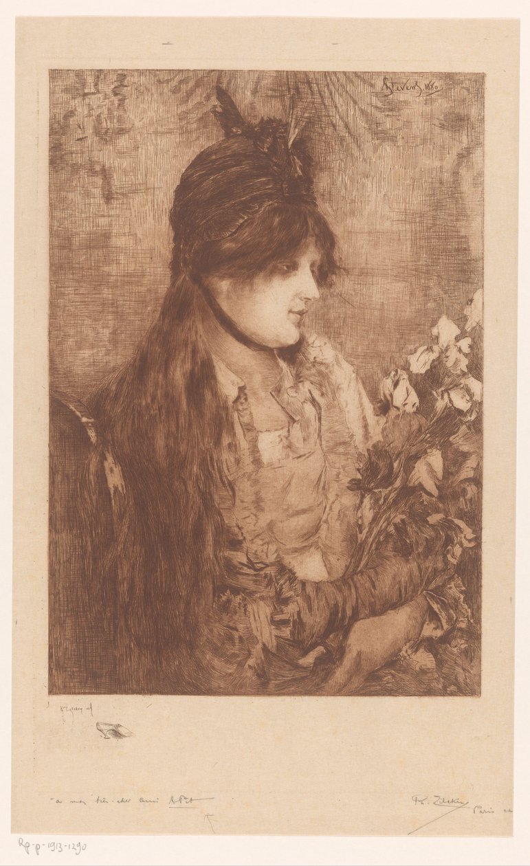 Kvinne med blomsterbukett La Bête a Bon Dieu (original tittel) av Philip Zilcken (signed by artist)