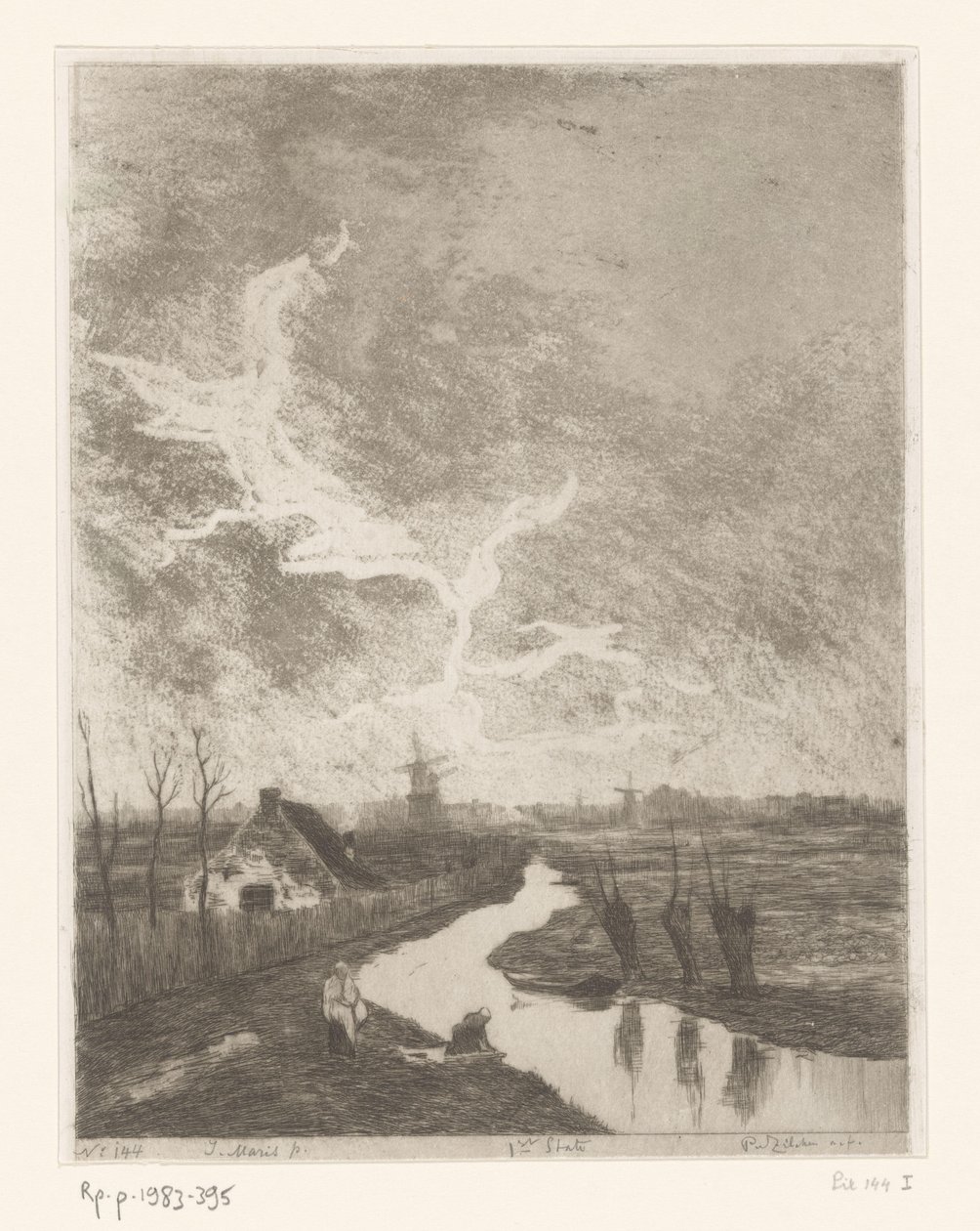 Englandskap med grøft, gård og møller Environs de La Haye (original tittel) av Philip Zilcken (signed by artist)