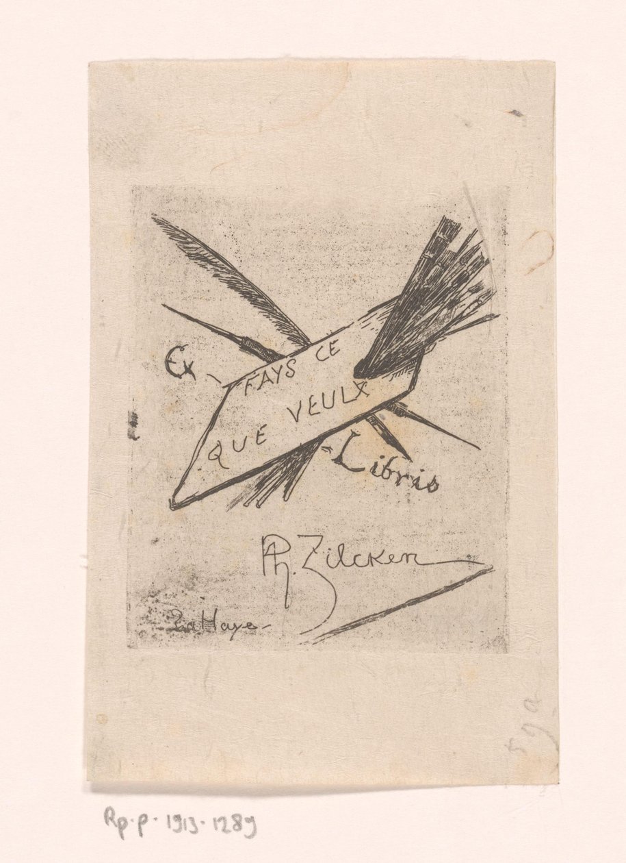 Ex libris med penner, pensler og palett av Philip Zilcken