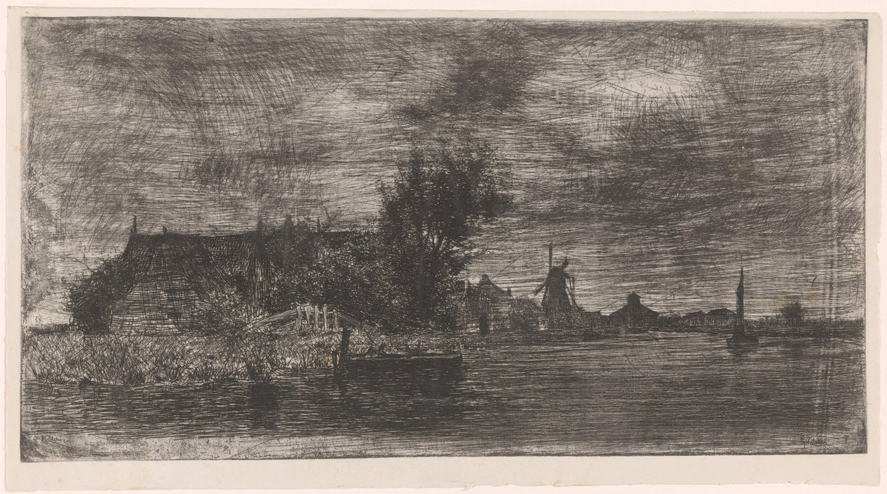 Landskap med hus og mølle på vannet Delftshaven (original tittel) av Philip Zilcken