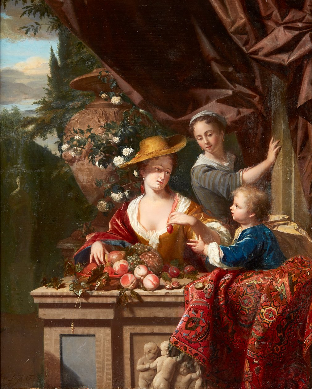 Elegante figurer på en terrasse med skål med diverse frukt (olje på panel) av Philip van Dyck