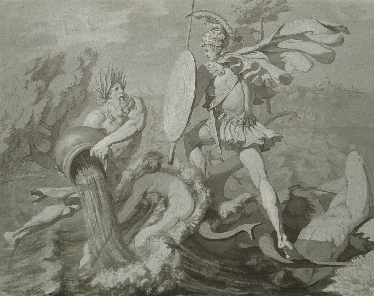 Akilleskamp med elven Scamander (svart og grå vask på papir) av Philipp Otto Runge