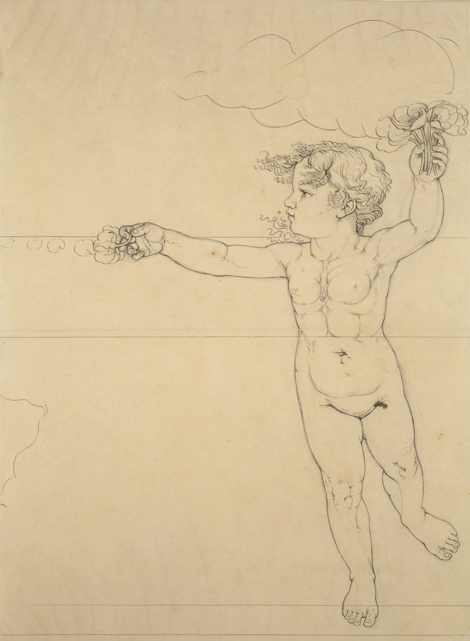 Høyre side Genie with a Rose, studie for Morning, 1809 (penn og svart blekk over blyant på papir) av Philipp Otto Runge