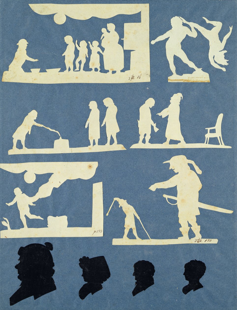 Ulike scener, David og Goliat og fire profiler (collage på papir) av Philipp Otto Runge