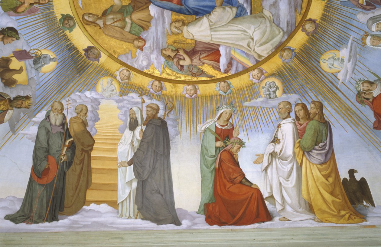 Hvelv av rommet til Dante, detalj: Dante, Beatrice, keiserinne Constance, Clarissa Piccarda Romeo fra Villanova og keiser Justinian av Philipp Veit