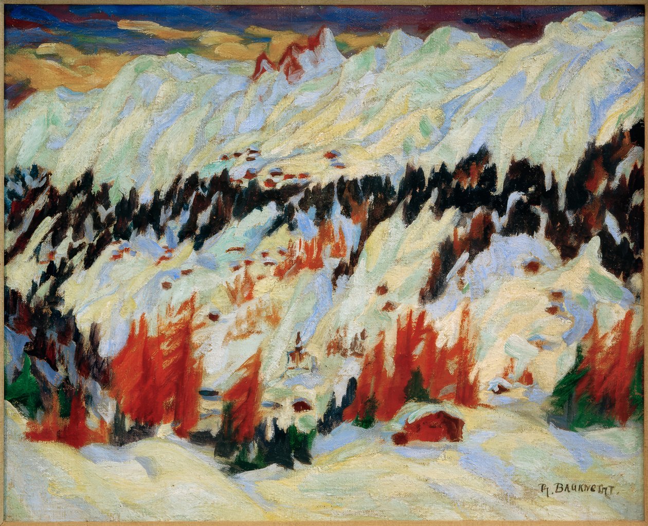 Vinterlandskap nær Davos Frauenkirch, (Vinterlandskap nær Davos Glacis) av Philipp Bauknecht