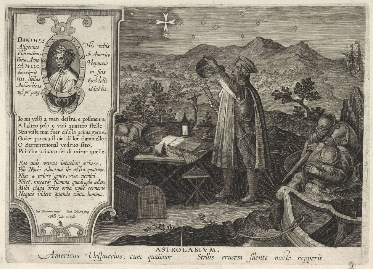 Amerigo Vespucci finner konstellasjonen Southern Cross med en astrolabium Americae Retectio, 1591 av Philipp Galle