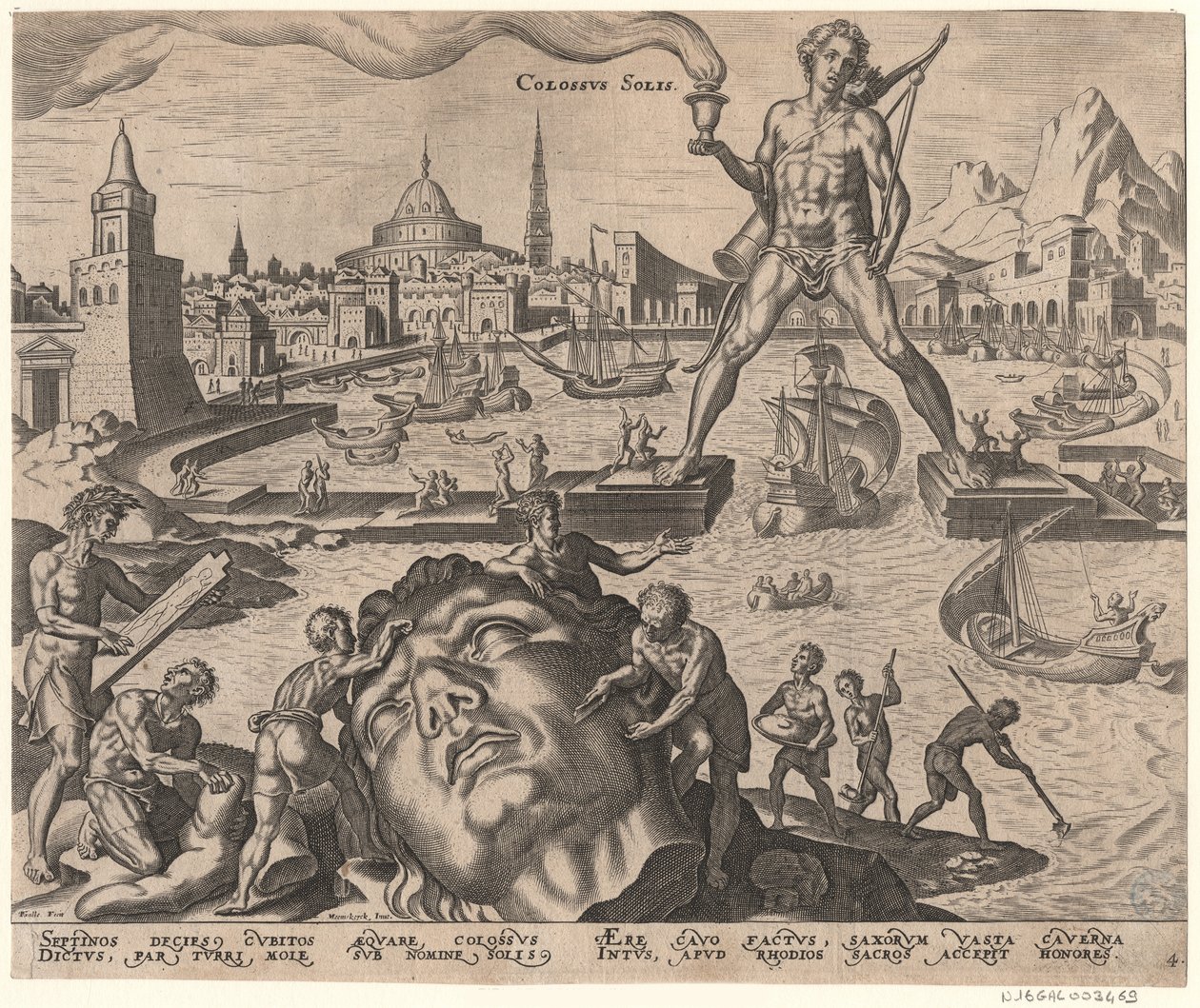 The Colossus of Rhodes fra serien The Eightth Wonders of the World After Maarten van Heemskerck, 1572 av Philipp Galle