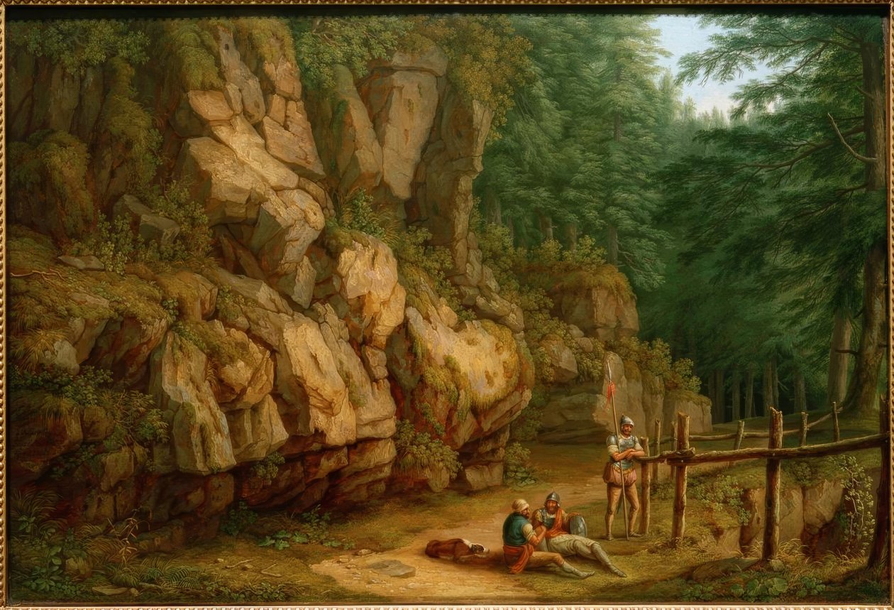 Hackert, steinete landskap med soldater (Masso del Diavolo) av Philipp Hackert