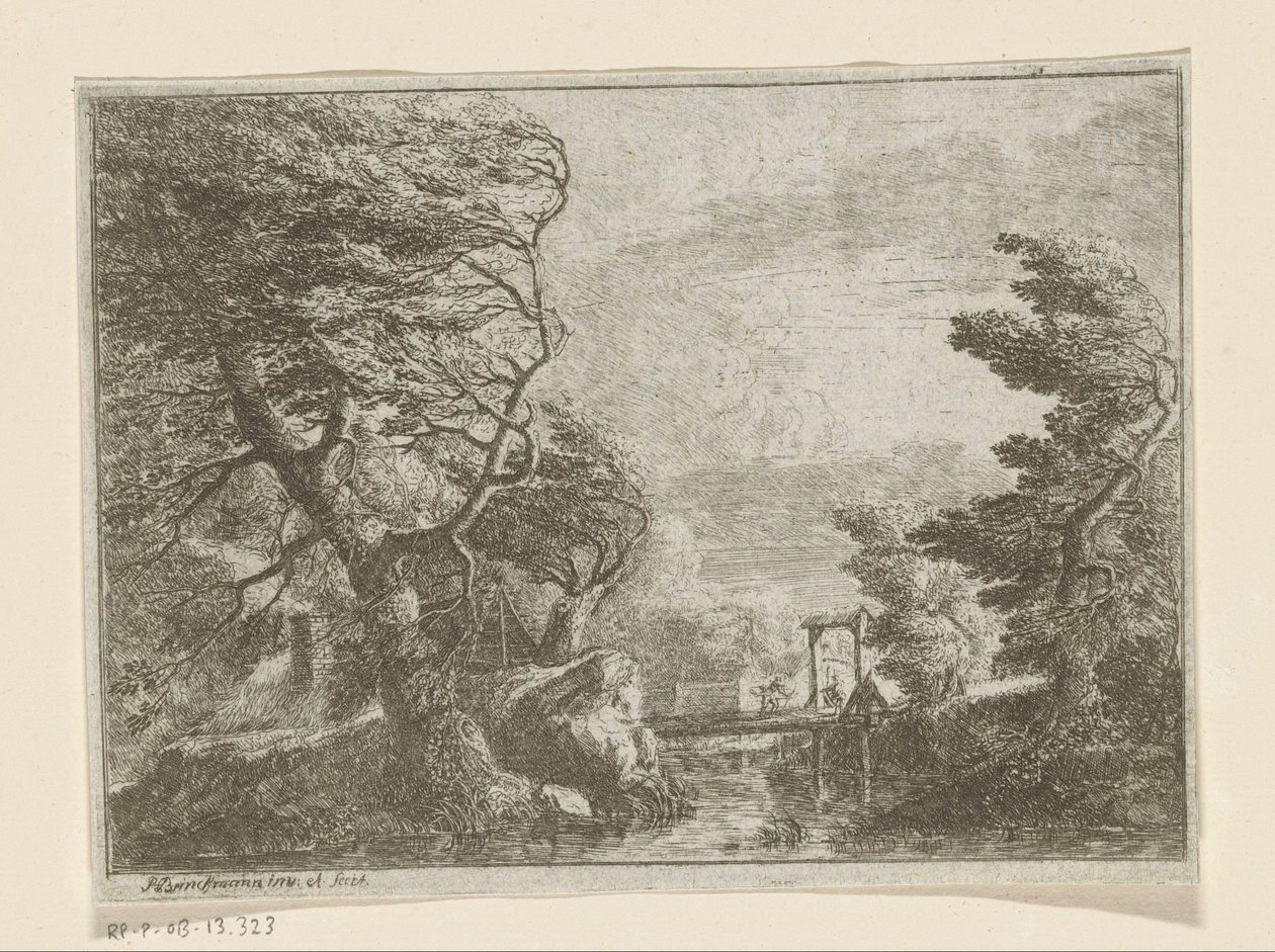 Stormfullt landskap med trær ved siden av en bro over en elv av Philipp Hieronymus Brinckmann