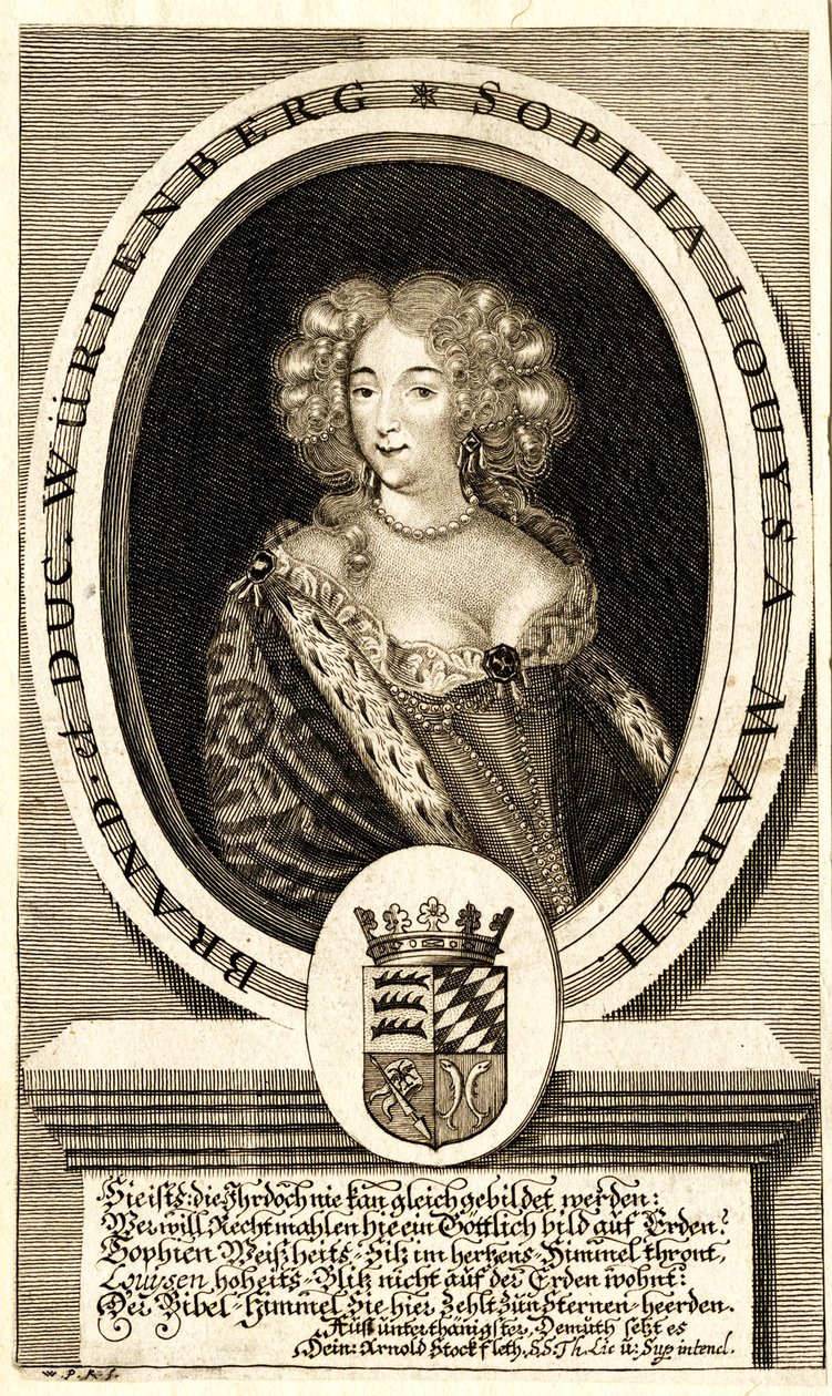 Portrett av Sophie Louise av Württemberg-Stuttgart 1642-1702, Margravine..., ca. 1680. av Philipp Kilian