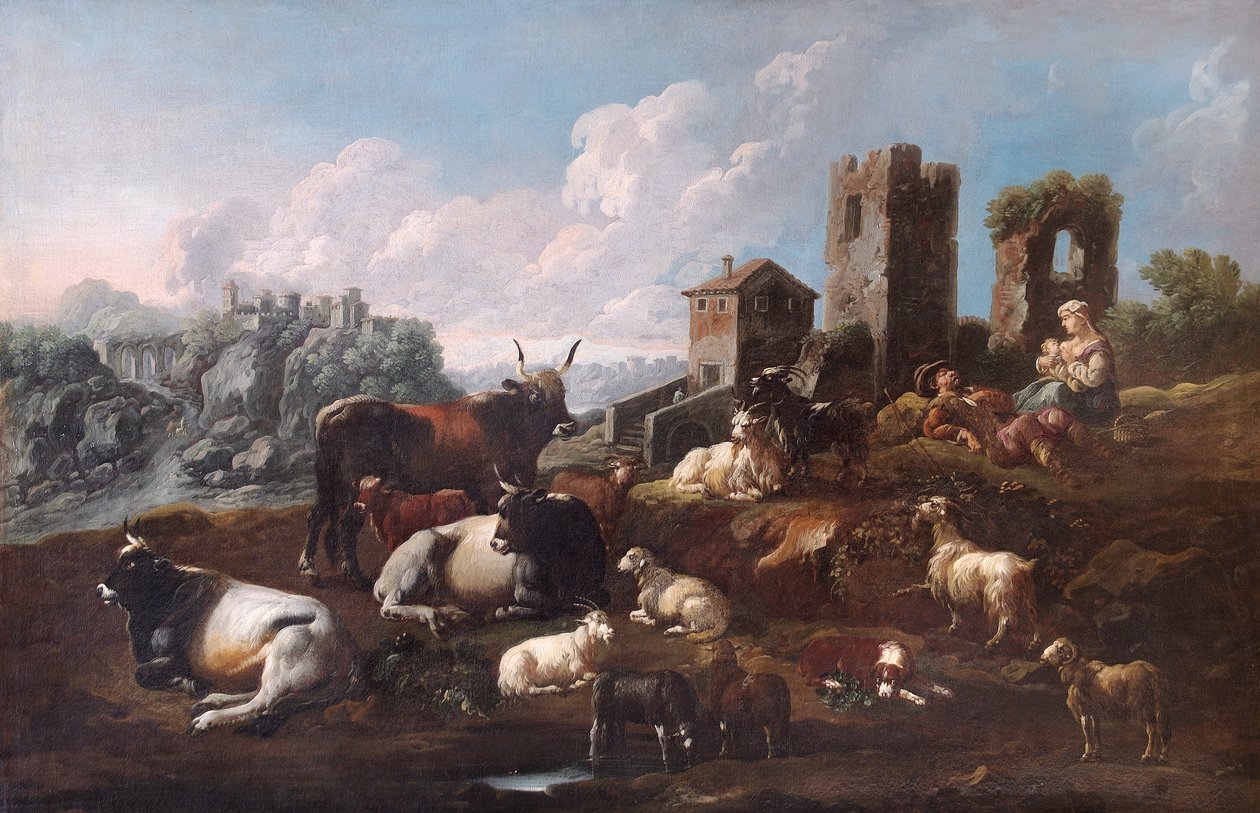 Hyrde og storfe (olje på lerret) av Philipp Peter called Rosa da Tivoli Roos