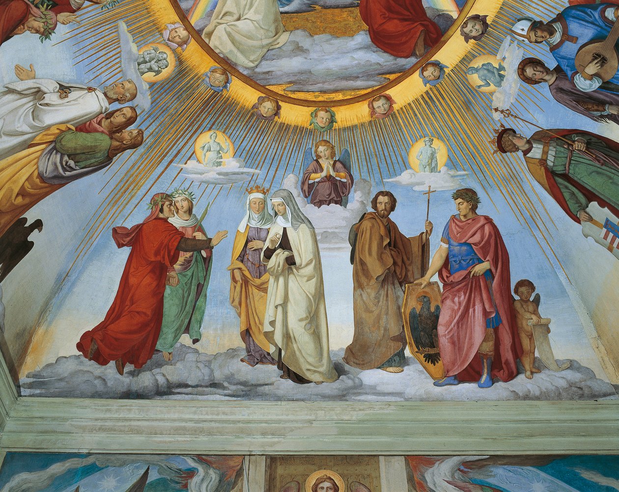 Dante og Beatrice snakker til Piccarda og Constance, fra 'the Heavens of the Blessed and the Empyrean', Dante Room (fresco) av Philipp Veit