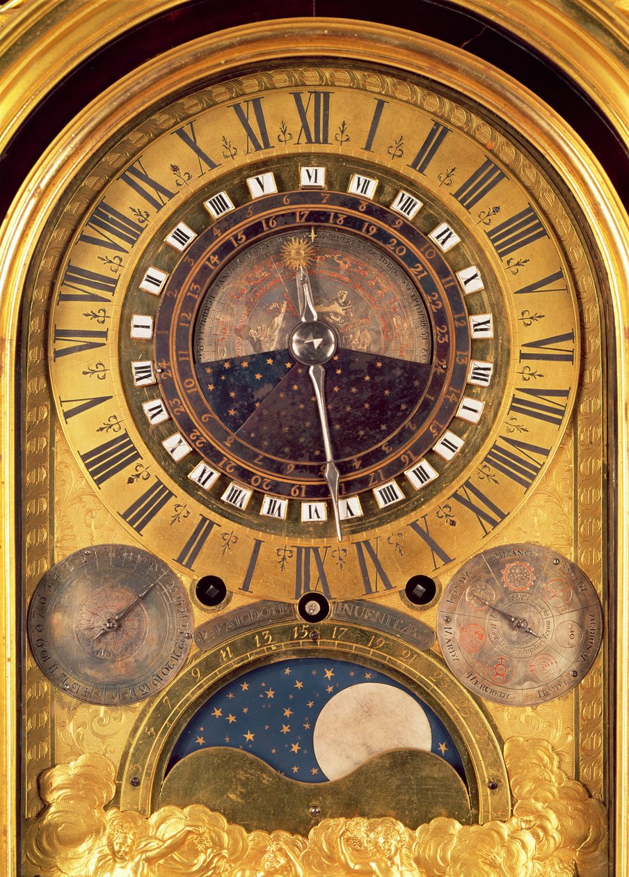Astronomisk klokke laget for Grand Dauphin Louis av Frankrike (1661-1711) detalj av ansiktet, 1710 (forgylt bronse) (detalj av 208583) av Philippe and Fardoil, Pierre Caffieri