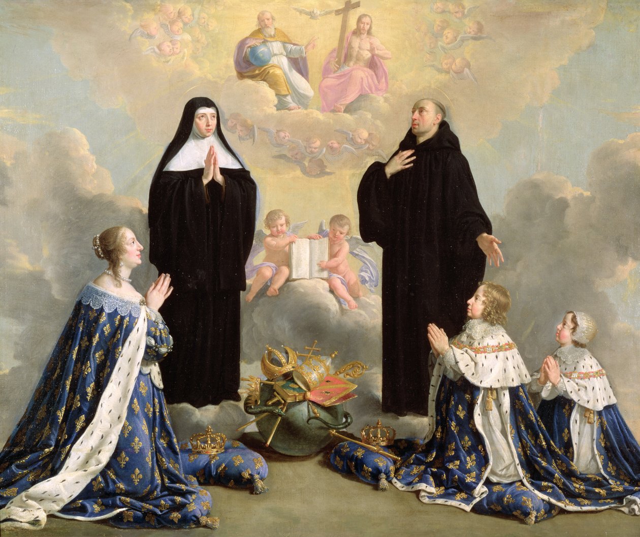 Anne av Østerrike (1601-66) og hennes barn i bønn med St. Benedict og St. Scholastica, 1646 av Philippe de Champaigne