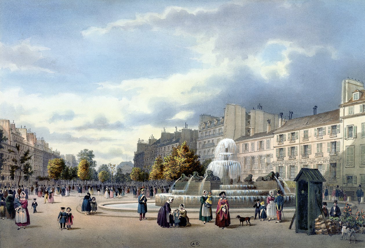 Fontenen på Boulevard St. Martin, fra 'Vue de Paris', ca. 1840 av Philippe Benoist