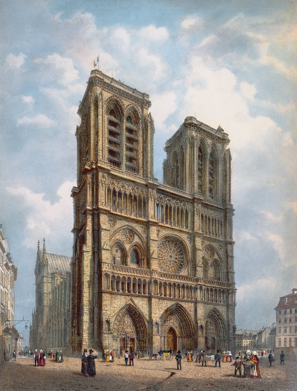 Utsikt over vestfasaden til katedralen Notre-Dame, Paris, ca. 1840 av Philippe Benoist