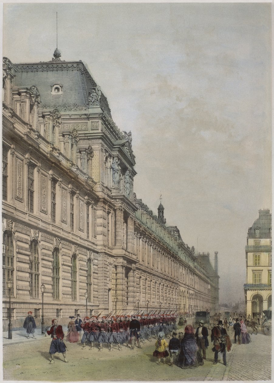 Utsikt over den nye fasaden til Louvre på rue de Rivoli, illustrasjon fra 