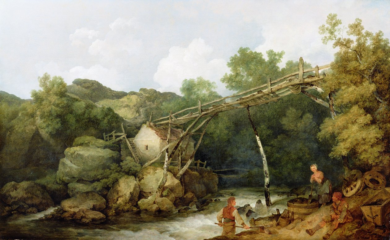 En utsikt nær Matlock, Derbyshire med figurer som arbeider under en tretransportør, 1785 av Philippe Jacques de Loutherbourg