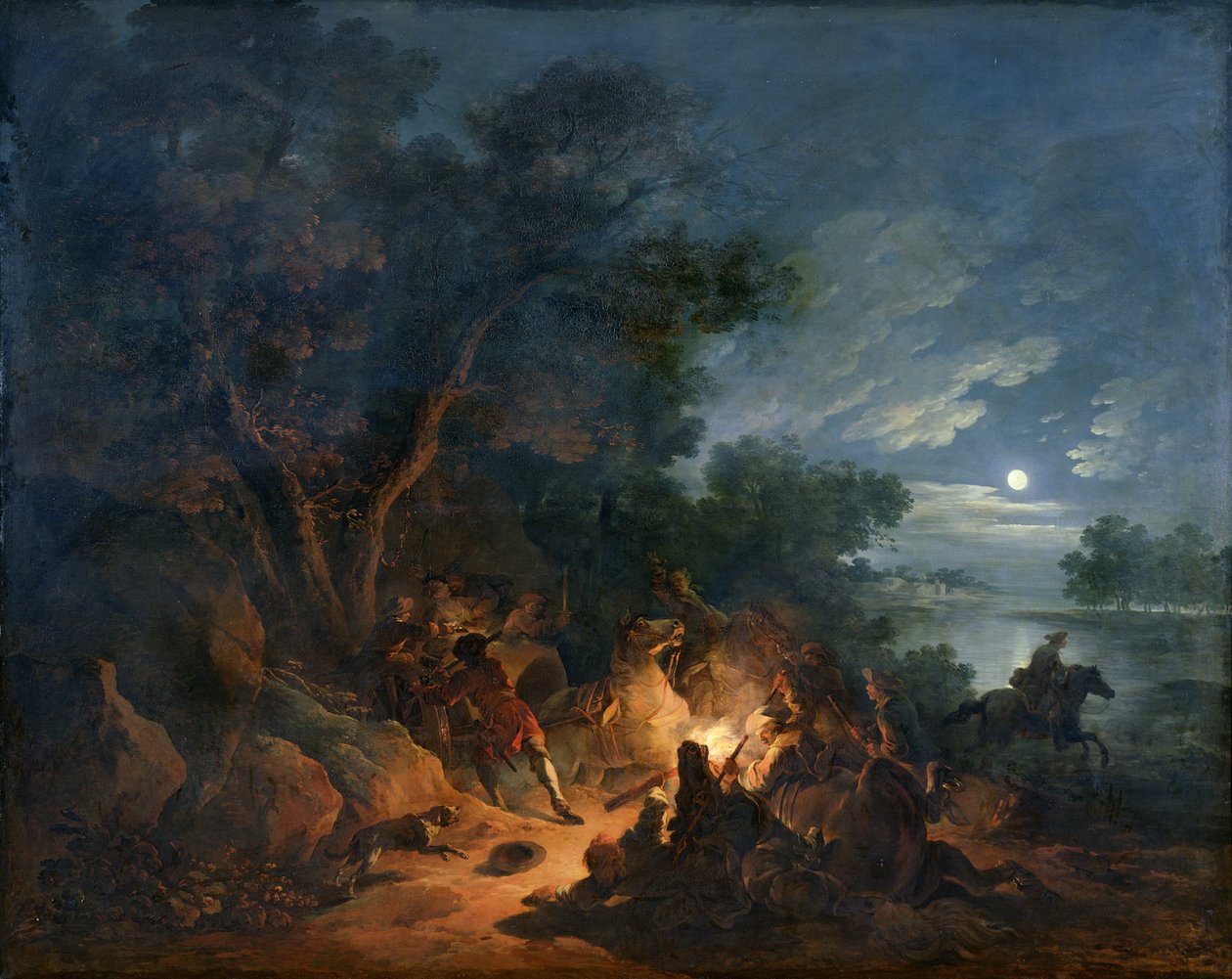 Angrep av røvere om natten, ca. 1770 av Philippe Jacques de Loutherbourg