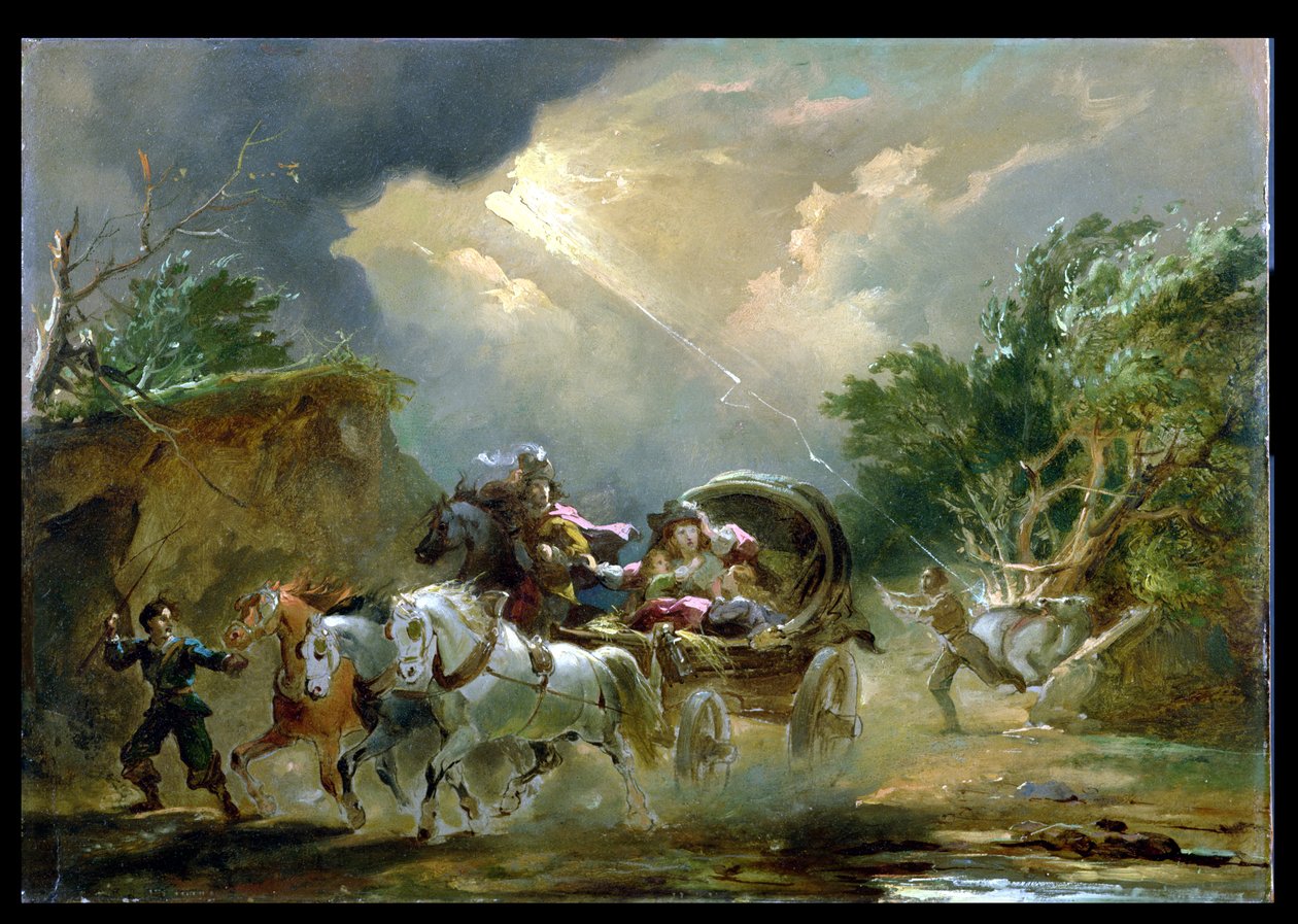 Coach in a Thunderstorm, 1790-tallet (olje på kvernbrett) av Philippe Jacques de Loutherbourg