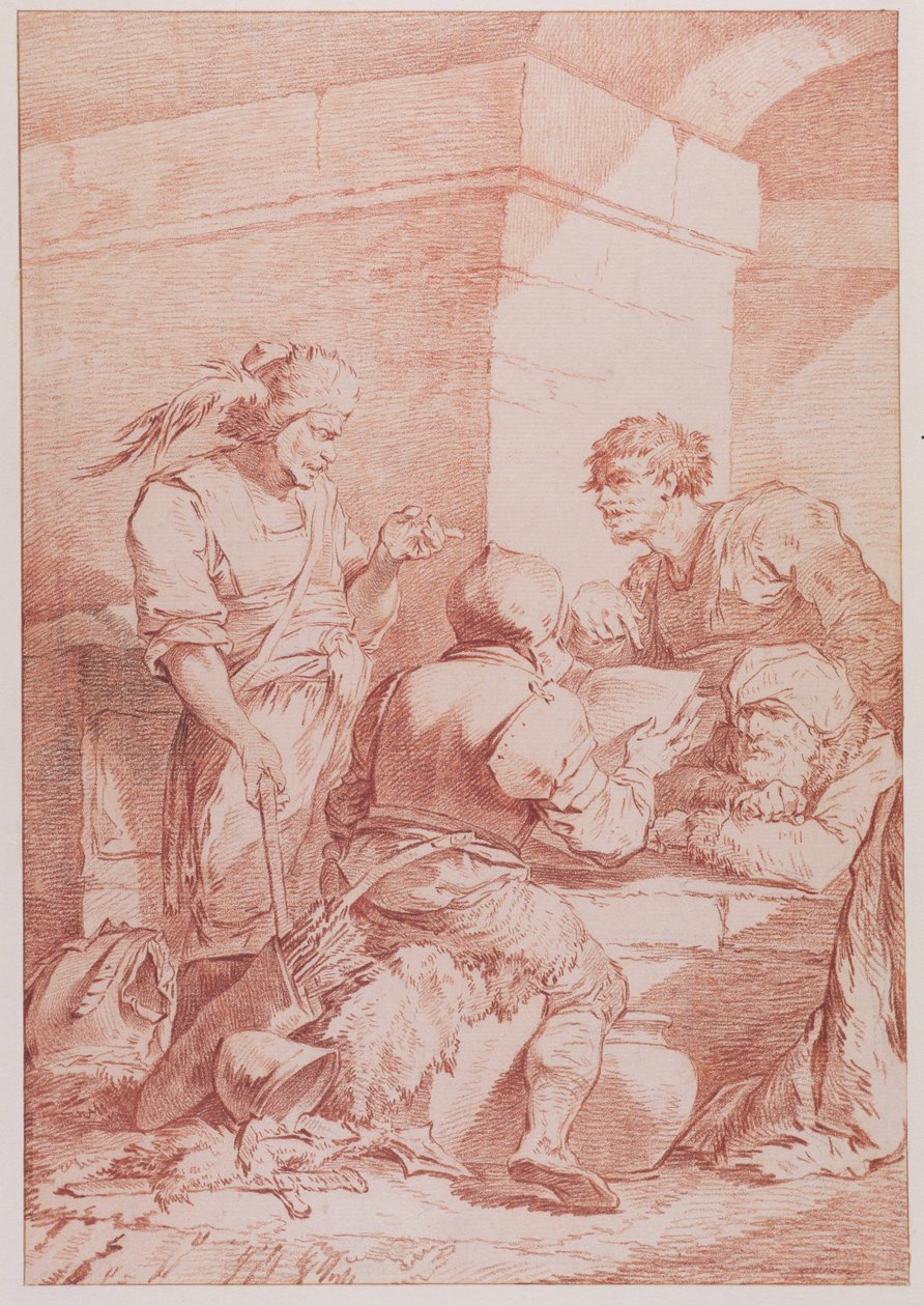 Corps de Garde (Barbarians beseiret av en bok) (rødt kritt over grafitt på lagt papir) av Philippe Jacques de Loutherbourg