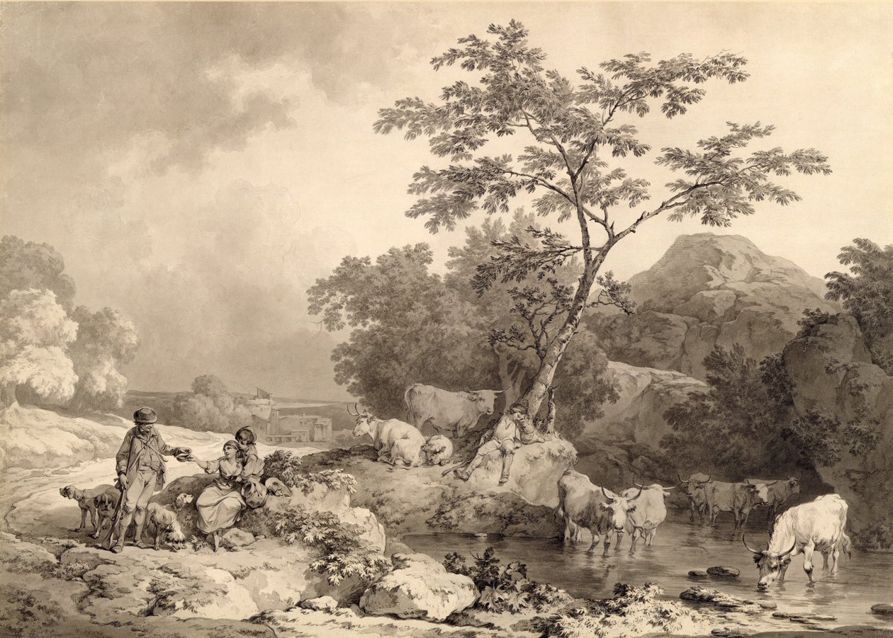 Figurer ved en bekk med storfevanning (grå skyller over blyant på lagt papir) av Philippe Jacques de Loutherbourg