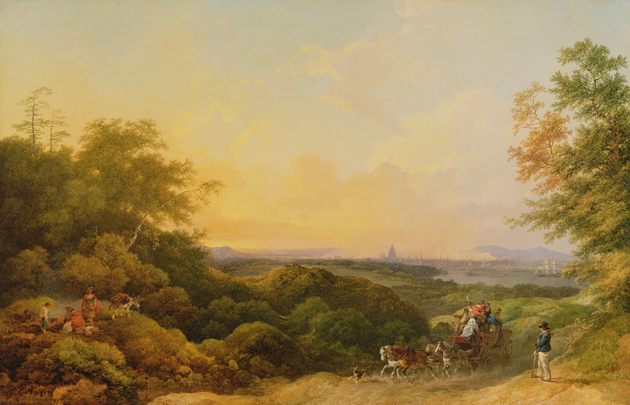 The Evening Coach, London fra Greenwich, 1805 av Philippe Jacques de Loutherbourg