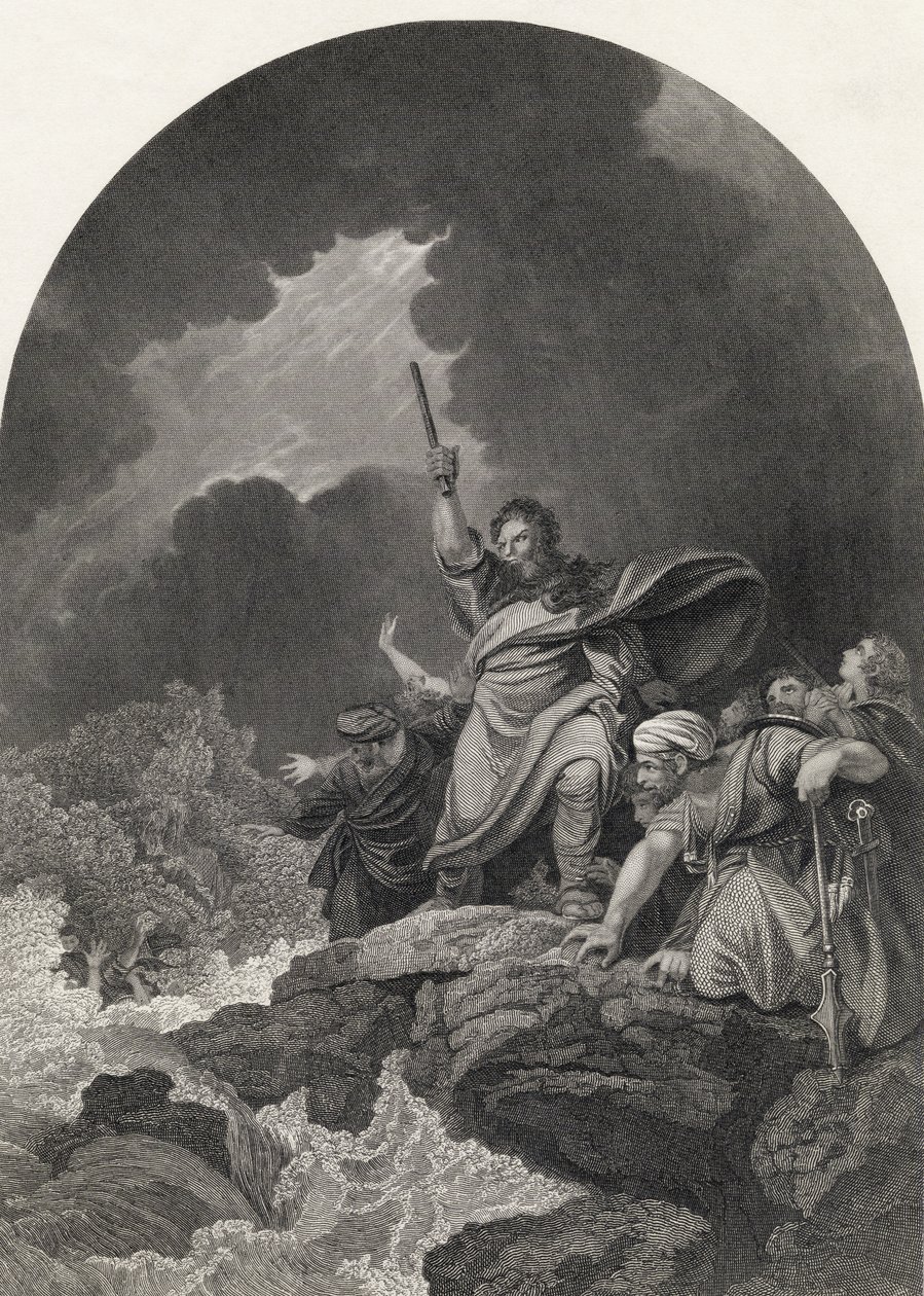 Ødeleggelsen av Faraos vert, gravert av S. Allen, fra 'The National Illustrated Family Bible', utgitt ca. 1870 av Philippe Jacques de Loutherbourg