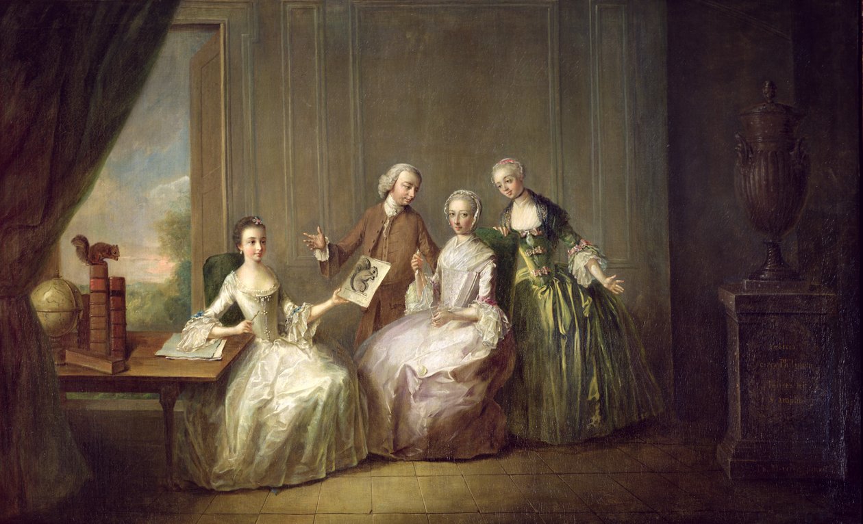 Familie i et interiør med ekorn, muligens Burton-familien fra Eltham, Kent, 1755-60 av Philippe Mercier