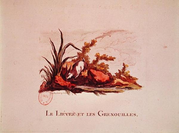 Haren og froskene, illustrasjon fra fabler av Jean de la Fontaine (1621-95) 1823 av Philippe de after Loutherbourg