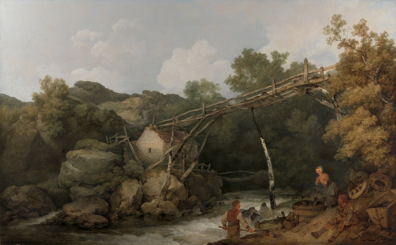 En utsikt nær Matlock, Derbyshire med figurer som arbeider under en tretransportør av Philippe-Jacques de Loutherbourg
