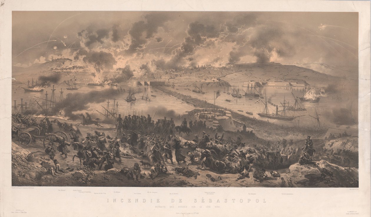 Brann i Sevastopol. Russernes retrett på nordkysten, 1855. av Philippe Benoist