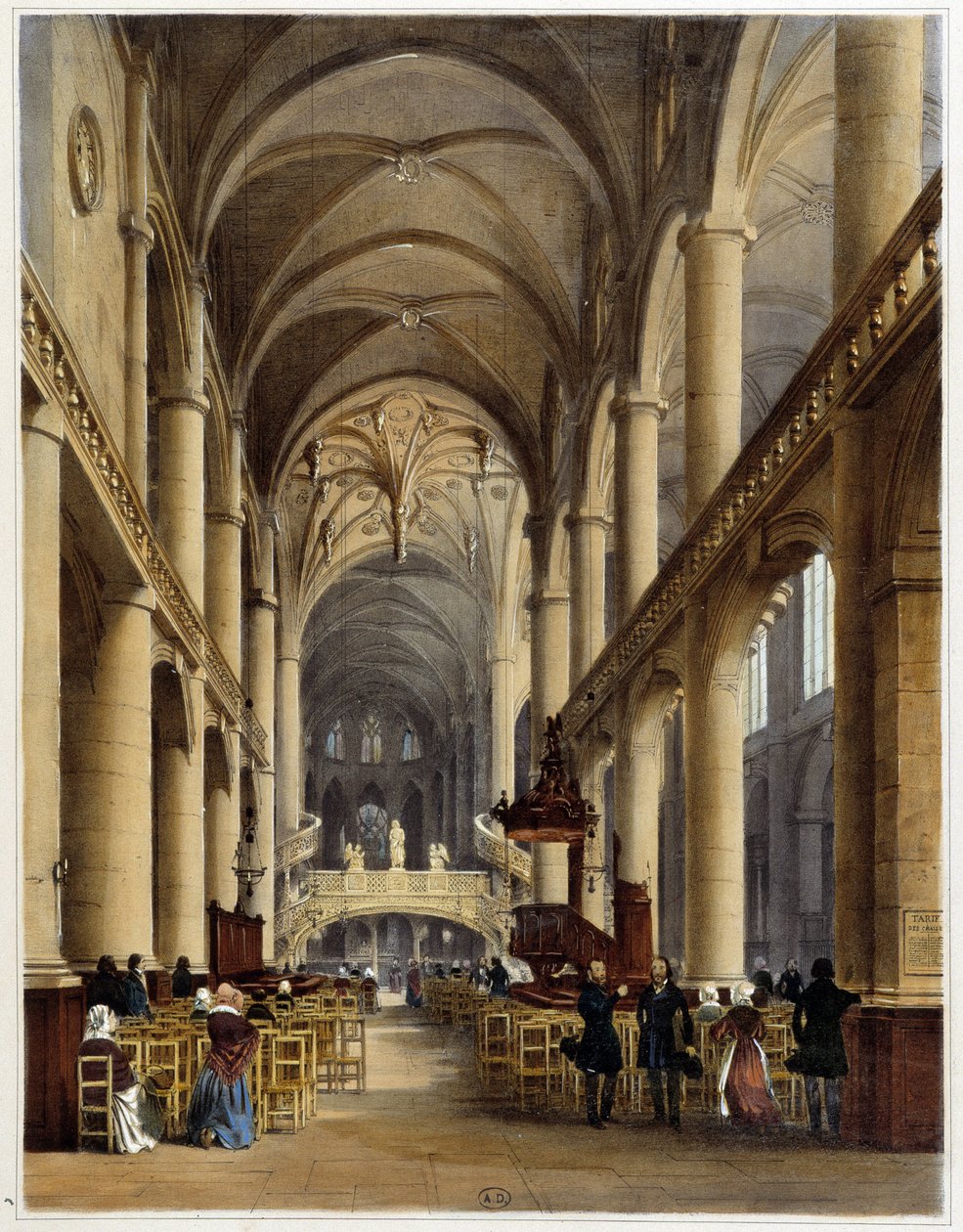 Interiør i kirken St Etienne du Mont - i "" Walk in Paris og dens omgivelser "", tegninger av Jacottet og Benoist, red. Gihaut-brødrene av Philippe Benoist