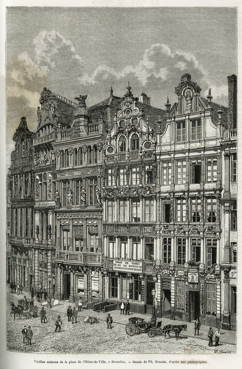 Gamle hus på rådhusplassen i Brussel. Gravering av Ph. Benoist, for å illustrere historien om Belgia av Camille Lemonnier, publisert i tour du monde, under ledelse av Edouard Charton (1807-1890), Paris av Philippe Benoist