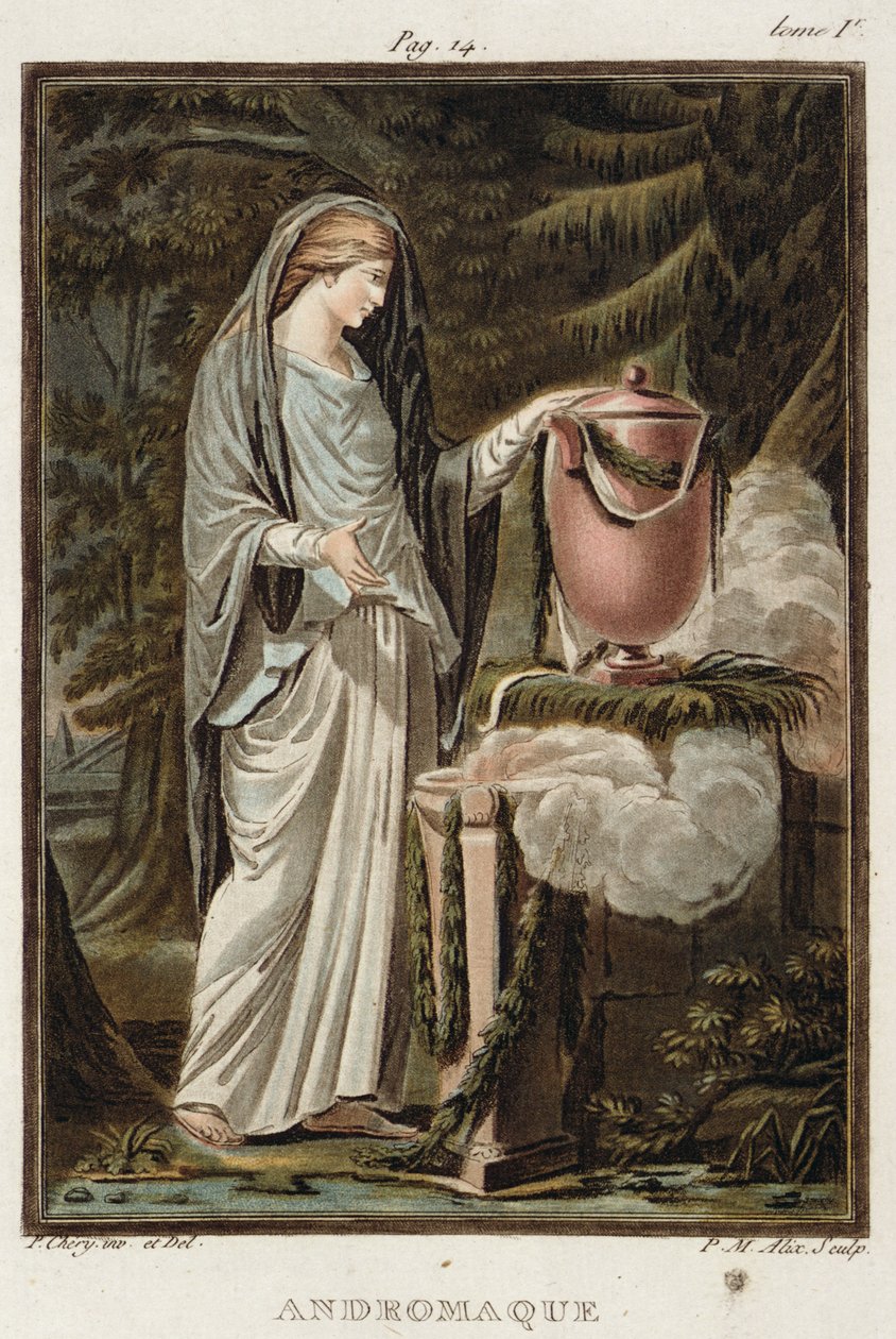 Andromache, kostyme for 'Andromache' av Jean Racine, fra bind I av 'Research on the Costumes and Theatre of All Nations', gravert av Pierre Michel Alix (1762-1817) 1802 av Philippe Chery