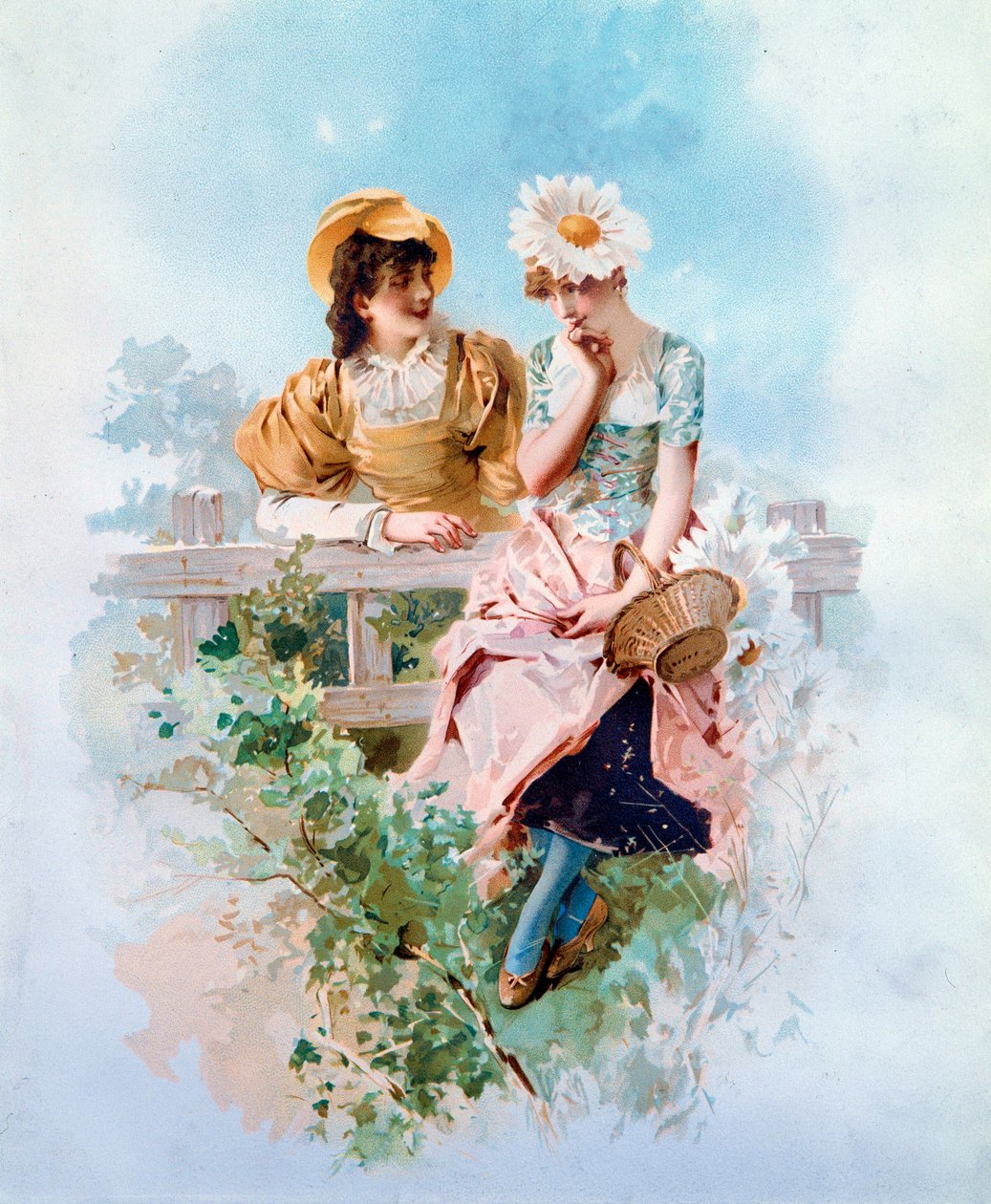 Selvtillit To unge jenter hvisker hemmeligheter. Litografi av Philippe Jacques Linder (1835-?) Privatsamling fra 1800-tallet av Philippe Jacques Linder
